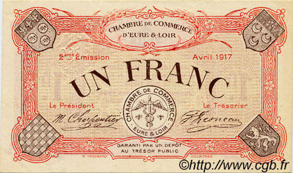 1 Franc FRANCE Regionalismus und verschiedenen Chartres 1917 JP.045.07 SS to VZ