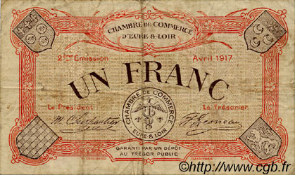 1 Franc FRANCE regionalismo y varios Chartres 1917 JP.045.07 BC