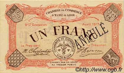 1 Franc Annulé FRANCE regionalism and miscellaneous Chartres 1917 JP.045.08 VF - XF