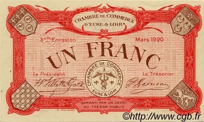1 Franc FRANCE regionalism and miscellaneous Chartres 1920 JP.045.10 AU+