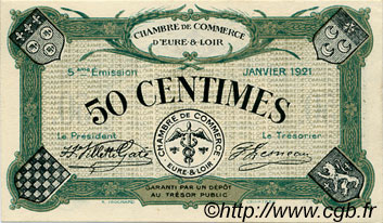 50 Centimes FRANCE regionalism and miscellaneous Chartres 1921 JP.045.11 AU+