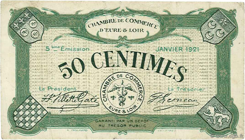 50 Centimes FRANCE Regionalismus und verschiedenen Chartres 1921 JP.045.11 S