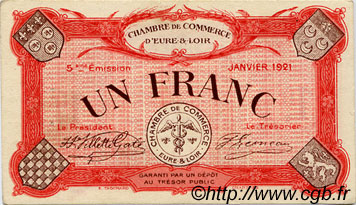 1 Franc FRANCE Regionalismus und verschiedenen Chartres 1921 JP.045.13 SS to VZ