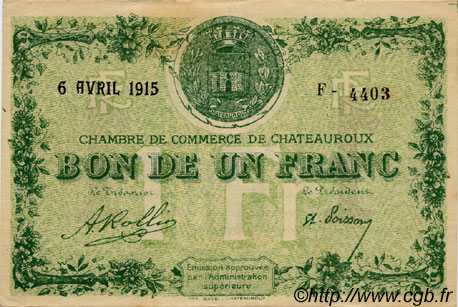1 Franc FRANCE regionalism and miscellaneous Chateauroux 1915 JP.046.02 AU+