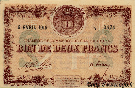 2 Francs FRANCE regionalism and miscellaneous Chateauroux 1915 JP.046.04 AU+
