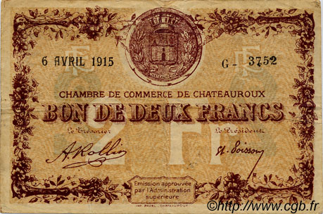 2 Francs FRANCE régionalisme et divers Chateauroux 1915 JP.046.04 TB