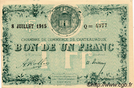 1 Franc FRANCE regionalism and various Chateauroux 1915 JP.046.06 AU+