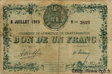 1 Franc FRANCE regionalismo y varios Chateauroux 1915 JP.046.06 BC