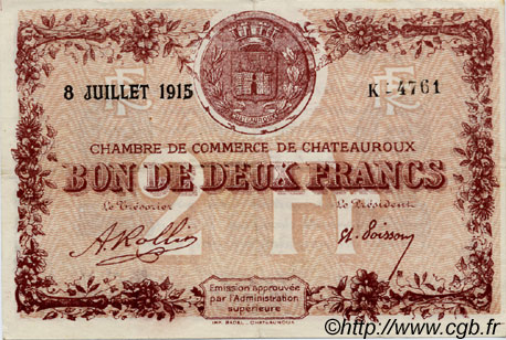 2 Francs FRANCE Regionalismus und verschiedenen Chateauroux 1915 JP.046.09 SS to VZ