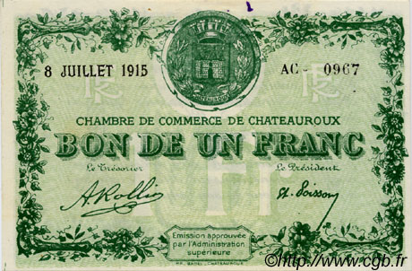 1 Franc FRANCE regionalismo y varios Chateauroux 1915 JP.046.12 SC a FDC