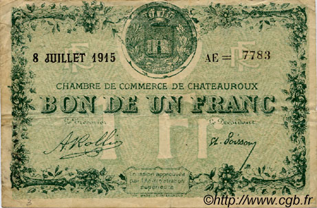 1 Franc FRANCE regionalism and various Chateauroux 1915 JP.046.12 F
