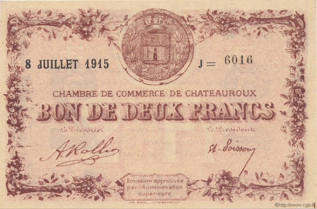 2 Francs FRANCE regionalismo y varios Chateauroux 1915 JP.046.13 SC a FDC