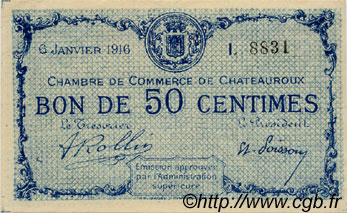 50 Centimes FRANCE regionalismo y varios Chateauroux 1916 JP.046.14 SC a FDC