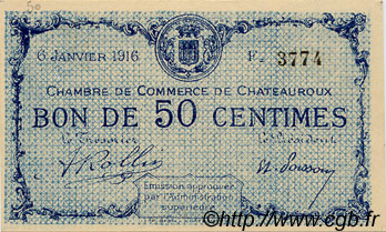 50 Centimes FRANCE régionalisme et divers Chateauroux 1916 JP.046.16 TTB à SUP