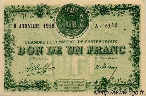 1 Franc FRANCE regionalism and miscellaneous Chateauroux 1916 JP.046.17 AU+