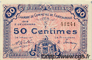 50 Centimes FRANCE regionalismo y varios Chateauroux 1918 JP.046.18 SC a FDC
