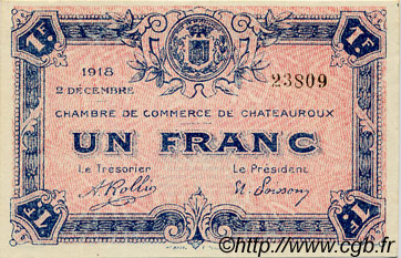 1 Franc FRANCE regionalismo y varios Chateauroux 1918 JP.046.19 SC a FDC