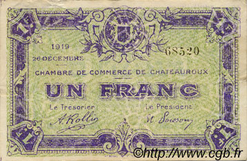 1 Franc FRANCE régionalisme et divers Chateauroux 1919 JP.046.21 TB