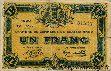 1 Franc FRANCE regionalismo e varie Chateauroux 1920 JP.046.23 MB