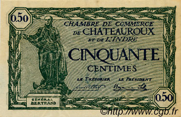 50 Centimes FRANCE regionalismo y varios Chateauroux 1922 JP.046.28 SC a FDC