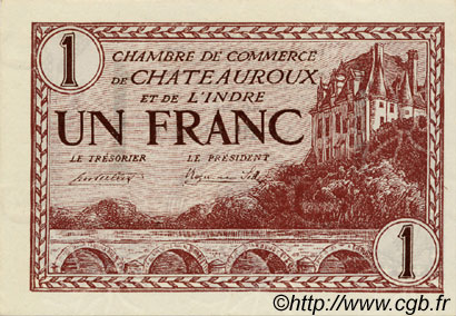 1 Franc FRANCE Regionalismus und verschiedenen Chateauroux 1922 JP.046.30 fST to ST