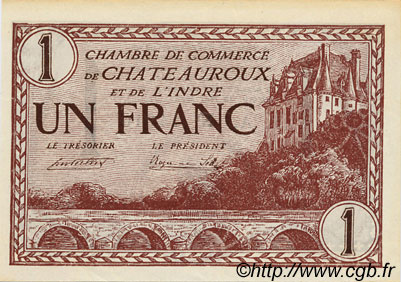 1 Franc FRANCE regionalismo y varios Chateauroux 1922 JP.046.30 MBC a EBC