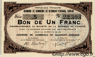 1 Franc FRANCE regionalism and miscellaneous Clermont-Ferrand, Issoire 1918 JP.048.01 AU+