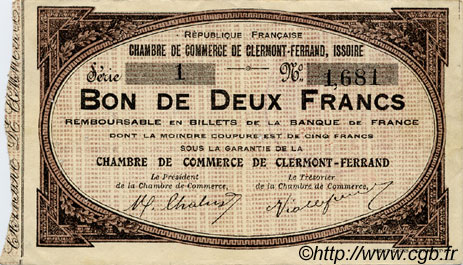 2 Francs FRANCE regionalismo y varios Clermont-Ferrand, Issoire 1918 JP.048.02 MBC a EBC