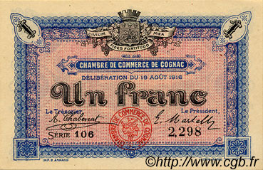1 Franc FRANCE regionalism and various Cognac 1916 JP.049.03 AU+