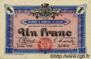1 Franc FRANCE regionalism and various Cognac 1916 JP.049.03 VF - XF