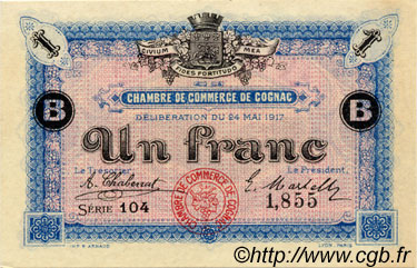1 Franc FRANCE Regionalismus und verschiedenen Cognac 1917 JP.049.07 fST to ST