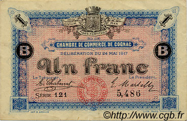 1 Franc FRANCE regionalism and various Cognac 1917 JP.049.07 VF - XF