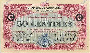 50 Centimes FRANCE regionalismo e varie Cognac 1920 JP.049.09 AU a FDC