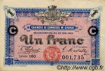 1 Franc FRANCE regionalism and various Cognac 1920 JP.049.10 VF - XF