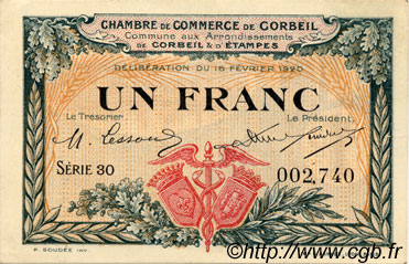 1 Franc FRANCE regionalismo e varie Corbeil 1920 JP.050.03 AU a FDC