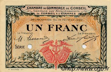 1 Franc Spécimen FRANCE regionalismo y varios Corbeil 1920 JP.050.04 SC a FDC