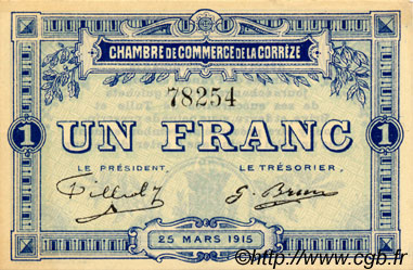 1 Franc FRANCE regionalismo y varios Corrèze 1915 JP.051.03 SC a FDC