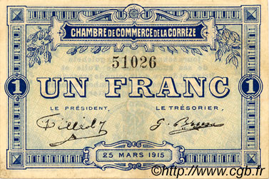1 Franc FRANCE regionalism and miscellaneous Corrèze 1915 JP.051.03 F