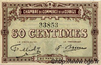 50 Centimes FRANCE regionalismo y varios Corrèze 1915 JP.051.04 SC a FDC