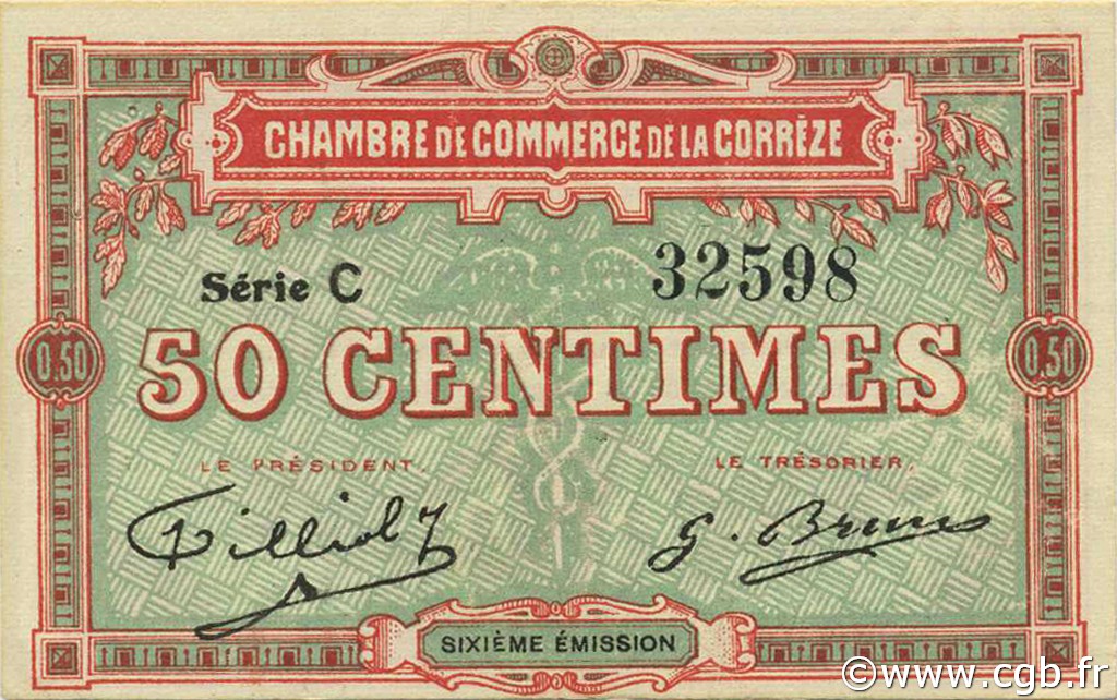 50 Centimes FRANCE regionalism and various Corrèze 1915 JP.051.15 AU+