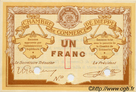 1 Franc Spécimen FRANCE Regionalismus und verschiedenen Dieppe 1918 JP.052.06 fST to ST