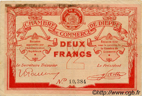 2 Francs FRANCE regionalismo y varios Dieppe 1918 JP.052.07 MBC a EBC