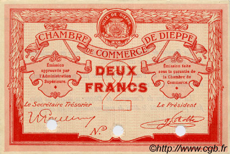 2 Francs Spécimen FRANCE Regionalismus und verschiedenen Dieppe 1918 JP.052.09 fST to ST