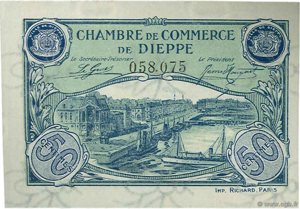 50 Centimes FRANCE regionalism and various Dieppe 1920 JP.052.14 AU+