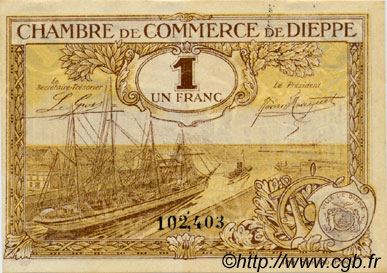 1 Franc FRANCE regionalismo y varios Dieppe 1920 JP.052.16 SC a FDC
