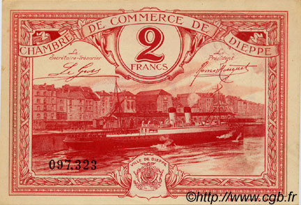2 Francs FRANCE regionalismo y varios Dieppe 1920 JP.052.19 SC a FDC