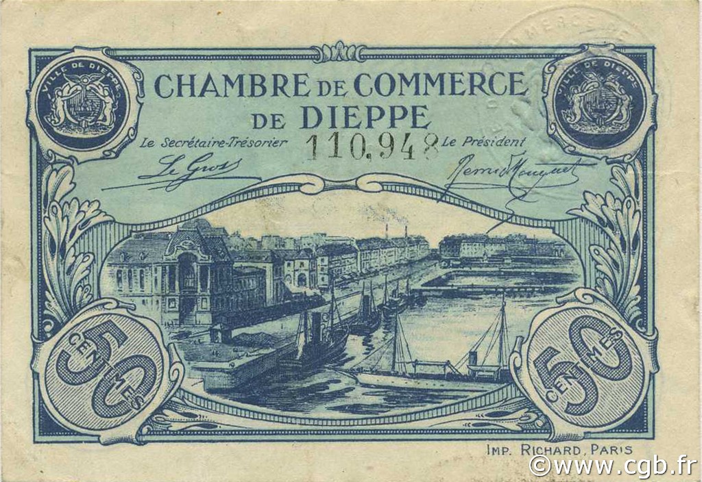 50 Centimes FRANCE regionalismo e varie Dieppe 1920 JP.052.22 BB to SPL