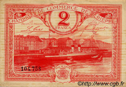 2 Francs FRANCE regionalismo y varios Dieppe 1920 JP.052.26 MBC a EBC