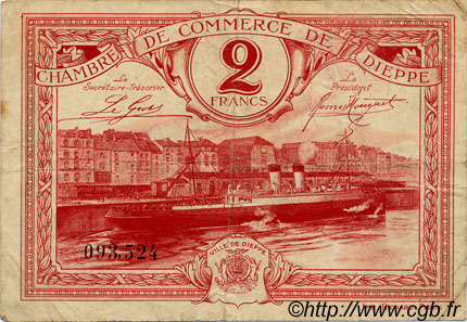 2 Francs FRANCE regionalism and various Dieppe 1920 JP.052.26 F