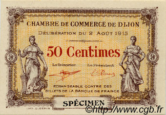 50 Centimes Spécimen FRANCE regionalismo e varie Dijon 1915 JP.053.02 AU a FDC